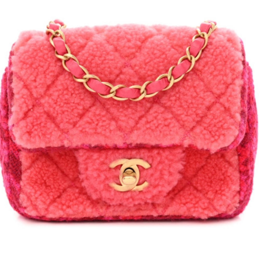 CHANEL 💕 RARE 2 Tone Pink & Peach Faux Fur Shearling Quilted Tweed Matte Gold